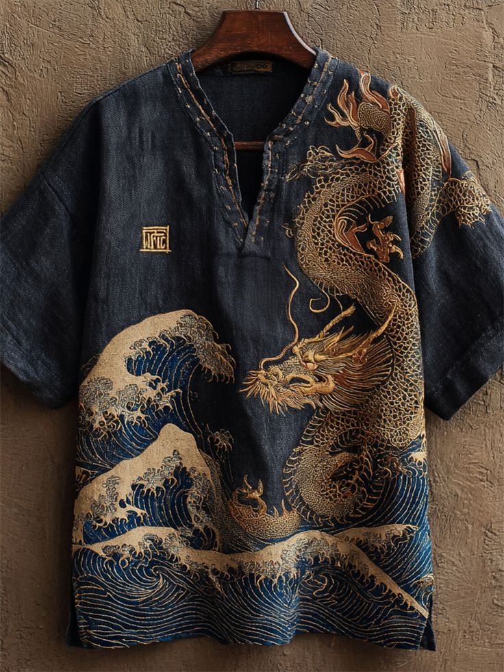 japanese flying dragon sea waves embroidered linen shirt black s