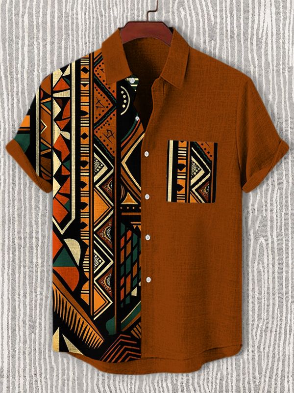 men's traditional ethnic patterns print casual short sleeve shirt brown 2xl